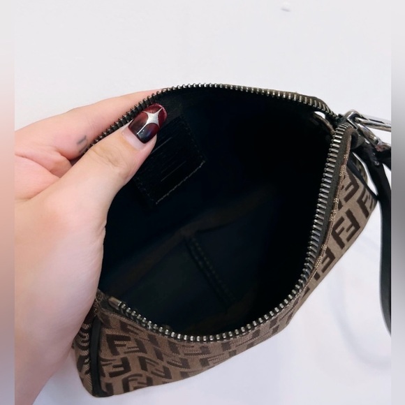 FENDI Hand Bag Tote FF Zucchino Pouch Purse Canvas Leather Brown Authentic - Picture 13 of 17